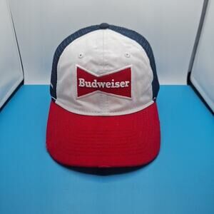 Budweiser Patch Trucker Snapback Hat Distressed Cap Red White Blue Cotton
